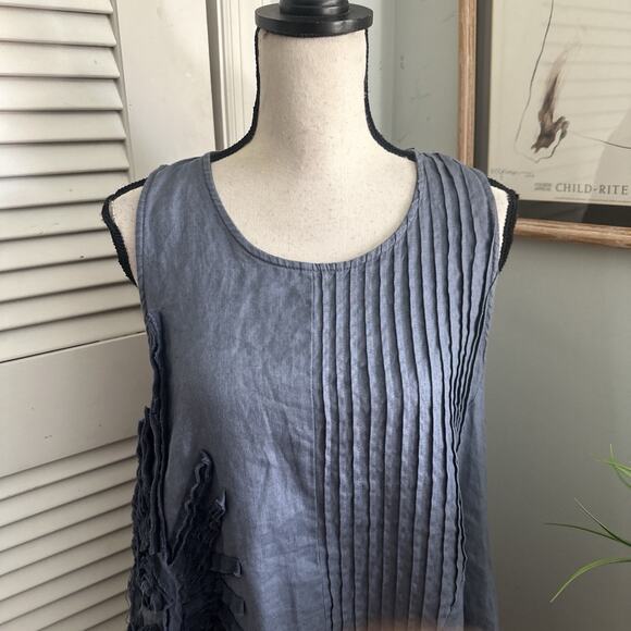 PEACOCK WAYS Dress Womens Large Blue Linen Shift Pleated Embroidered Lagenlook - Picture 2 of 11